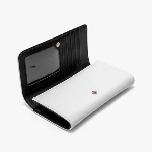 Portafoglio lungo in pelle da donna, nero e bianco, pieghevole con porta carte.
