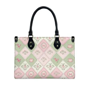 Women PU Leather Handbag Elegant Bow Floral Print Top Handle Crossbody Tote Bag