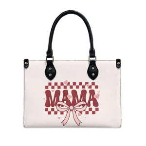 Fashionable women PU leather tote bag with MAMA retro print and bow, large capacity handbag.