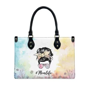 Stylish mother life printed PU leather handbag with watercolor background and black handles.
