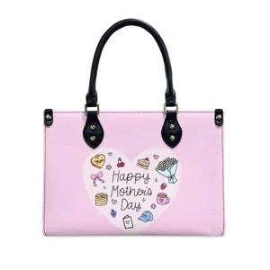 Women Pink PU Leather Tote Bag Mother's Day Heart Print Large Capacity Handbag