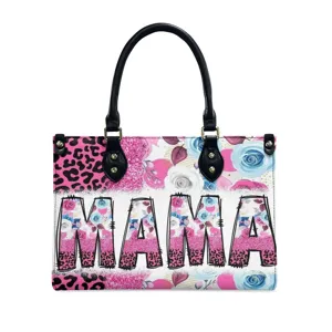 Grand sac a main pour femme en cuir PU avec motif MAMA floral et leopard pour cadeau.