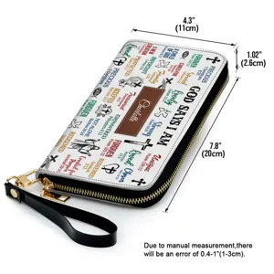 Custom printed women long leather zipper wallet with religious text and wrist strap detail.