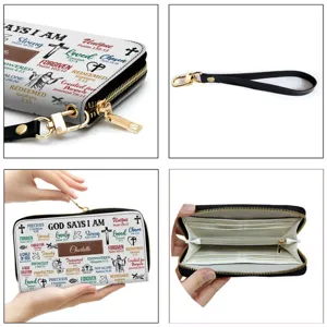 Custom religious print women's long zipper wallet PU leather clutch with wrist strap card slots.