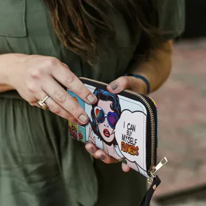 Women's long zippered leather wallet with pop art design, stylish clutch purse with wristlet.