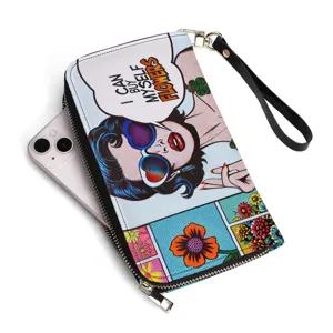 Women's pop art print long zipper wallet with wrist strap and floral pattern design.