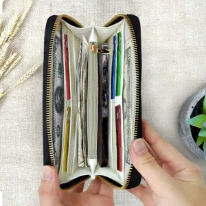 Black PU leather women long wallet with zipper, multiple card slots for daily use.