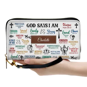 Custom Bible verse leather zipper wallet for women, religious clutch purse with wrist strap.