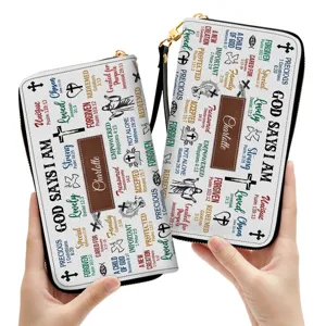 Custom leather women wallet long zipper clutch bag with religious verses and text design.
