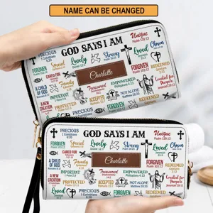 Detail view of custom faith wallet featuring inspirational Bible verses and personalized name.