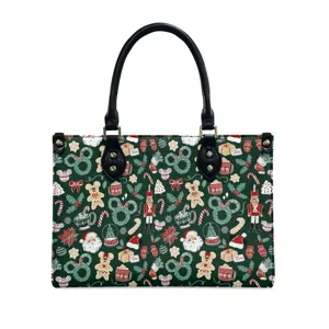 Christmas themed PU leather handbag with festive ginger bread and holiday prints for women.