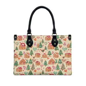 Christmas gingerbread house pattern women PU leather tote bag large capacity handbag