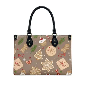 Christmas gingerbread print PU leather tote handbag for women, large capacity shoulder bag.