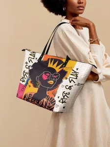 Stylish women pu leather shoulder tote bag with trendy African girl art print for daily use.