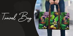 Spacious tropical floral print travel bag with brown leather handles, ideal for weekend trips.