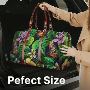 Large capacity tropical floral travel duffel bag with leather handles for daily use.