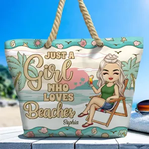 Detailed view of the hawaiian beach canvas tote bag with custom cartoon graphic print.
