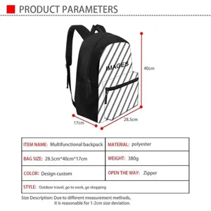 Backpack size detail view showing 40x28.5x17cm dimensions and polyester material specs.