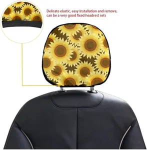 Sunflower car headrest cover detail showing elastic edge and easy installation features.
