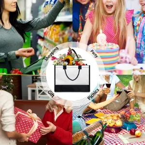 Sac cabas en toile avec fond et poignees noirs, ideal pour le shopping, pique-nique et usage.