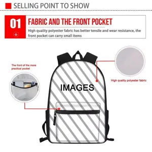 Closeup detail view of student school backpack showing front pocket and durable fabric.