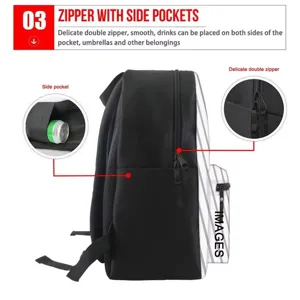 Student backpack with side pockets and double zippers, stylish black and white stripe design.