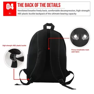 Detailed view of the black student backpack featuring breathable mesh back and durable buckle.