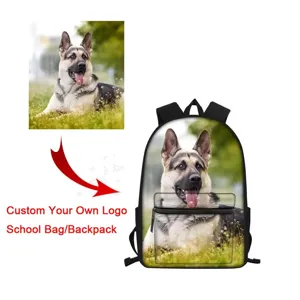 Custom German Shepherd printed school backpack, detailed view of custom pet photo design.