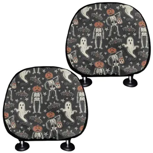 Halloween Pumpkin Ghost Print Car Headrest Covers Polyester Breathable Soft Vehicle Seat Pillow Protective Cover Universal Fit Accessory For Auto Interior Decor