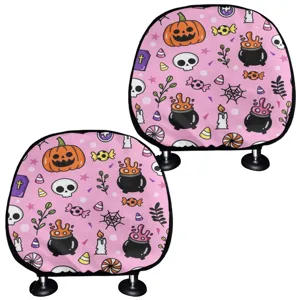 Halloween car headrest covers cute pink pumpkin skull printed auto pillow protector set 2pcs