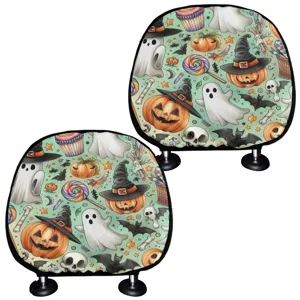 Halloween car headrest covers with cute pumpkin and ghost print, universal auto interior decor, 2 pack