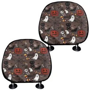 Halloween pumpkin ghost print car headrest cover set, festive auto interior accessories.