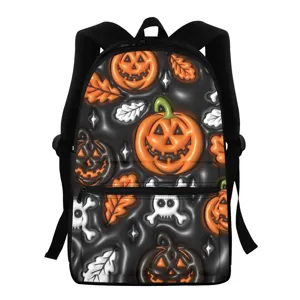 Halloween Pumpkin Print Student Backpack Polyester Schoolbag With Front Pocket For School Travel 3D Skull Graphic Double Shoulder Bag