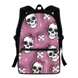 Black backpack with cute pink skull and bow pattern, casual school bookbag for students.
