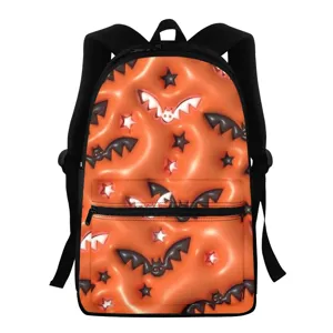 Halloween bat print student backpack casual polyester school bag with front pocket.