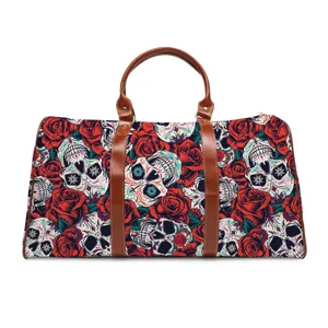 Large Capacity Travel Bag Waterproof Microfiber Duffel Bag Halloween Skull Rose Pattern Weekend Bag For Men Women Overnight Handbag