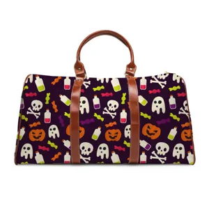 Spooky Halloween travel duffel bag with skull and pumpkin prints, durable shoulder handbag.