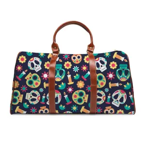 Fashion Halloween sugar skull travel duffel bag with brown leather handles and shoulder strap