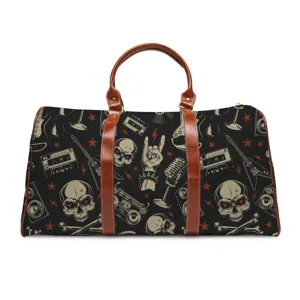 Rock skull pattern travel duffel bag with brown leather handles for outdoor weekend trips