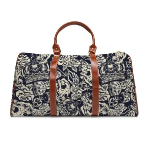 Vintage skull and rose pattern duffel bag, large travel handbag with brown leather handles.