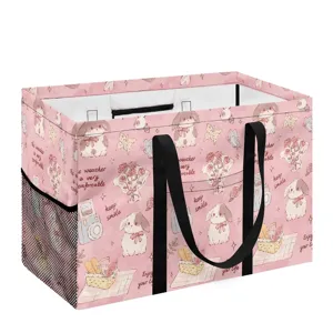 Cesta de Lavandería Plegable de Poliéster Con Estampado de Dibujos Animados Cesta de Almacenamiento Con Bolsillo de Malla Asas Laterales Bolsa de Ropa para Organizador de Hogar Dormitorio Baño