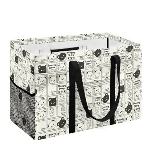 Cesta de ropa plegable con diseño de oso, asas negras y bolsillos laterales de malla