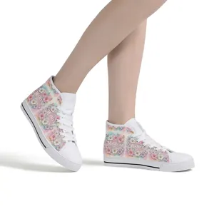Damen High Top Canvas Sneaker mit floralem Muttertag Print Freizeitschuhe weiss neu