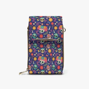 Bolso para Teléfono de Cuero PU para Mujer Calavera Halloween Cartera Bandolera Bolso de Pecho Estampado Floral Mini Sling Pouch