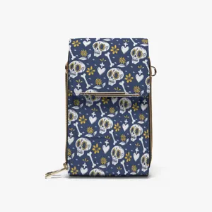 Bolso cruzado para teléfono de mujer de piel PU con estampado de calavera y herrajes dorados.