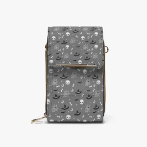 Bolso cruzado de teléfono de Halloween gris con estampado de calavera y sombrero de bruja.