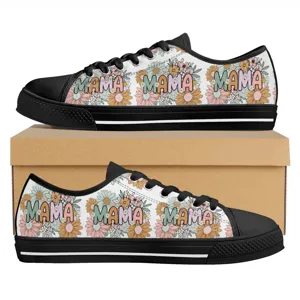 Damen Low-Top-Segeltuch-Sneaker mit süßem Blumen MAMA Print Freizeit Schuhe Alltag.