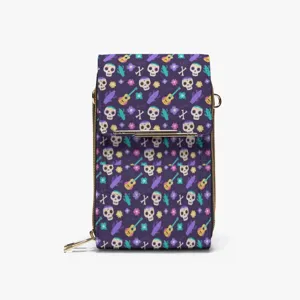 Purple Day of the Dead skull print crossbody phone bag and small wallet for women