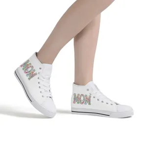 Damen High-Top Segeltuch Sneaker mit Muttertag Blumenmuster, lässige weiße Freizeitschuhe.
