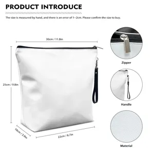 Detalles de la bolsa de maquillaje de PU blanco con cremallera duradera, asa y material de cuero.